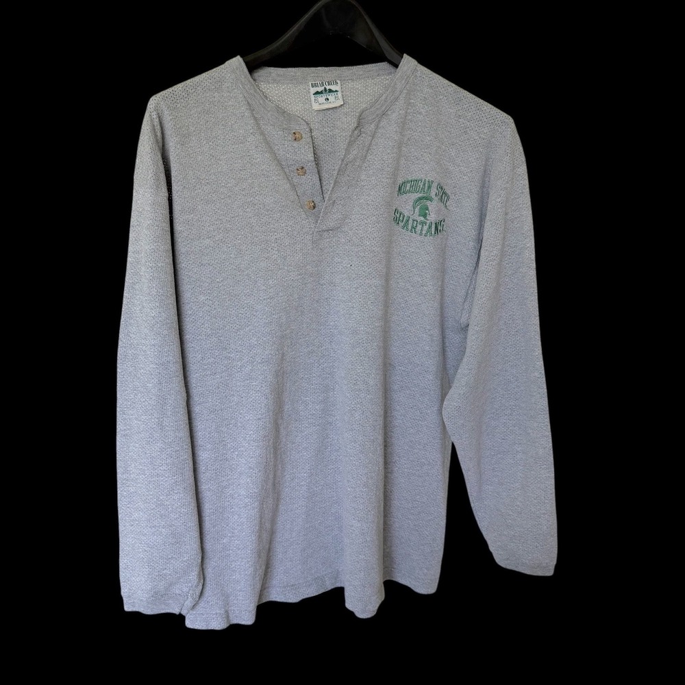 90's Michigan State Spartans Henley Shirt Large Gray Thermal Waffle Mesh